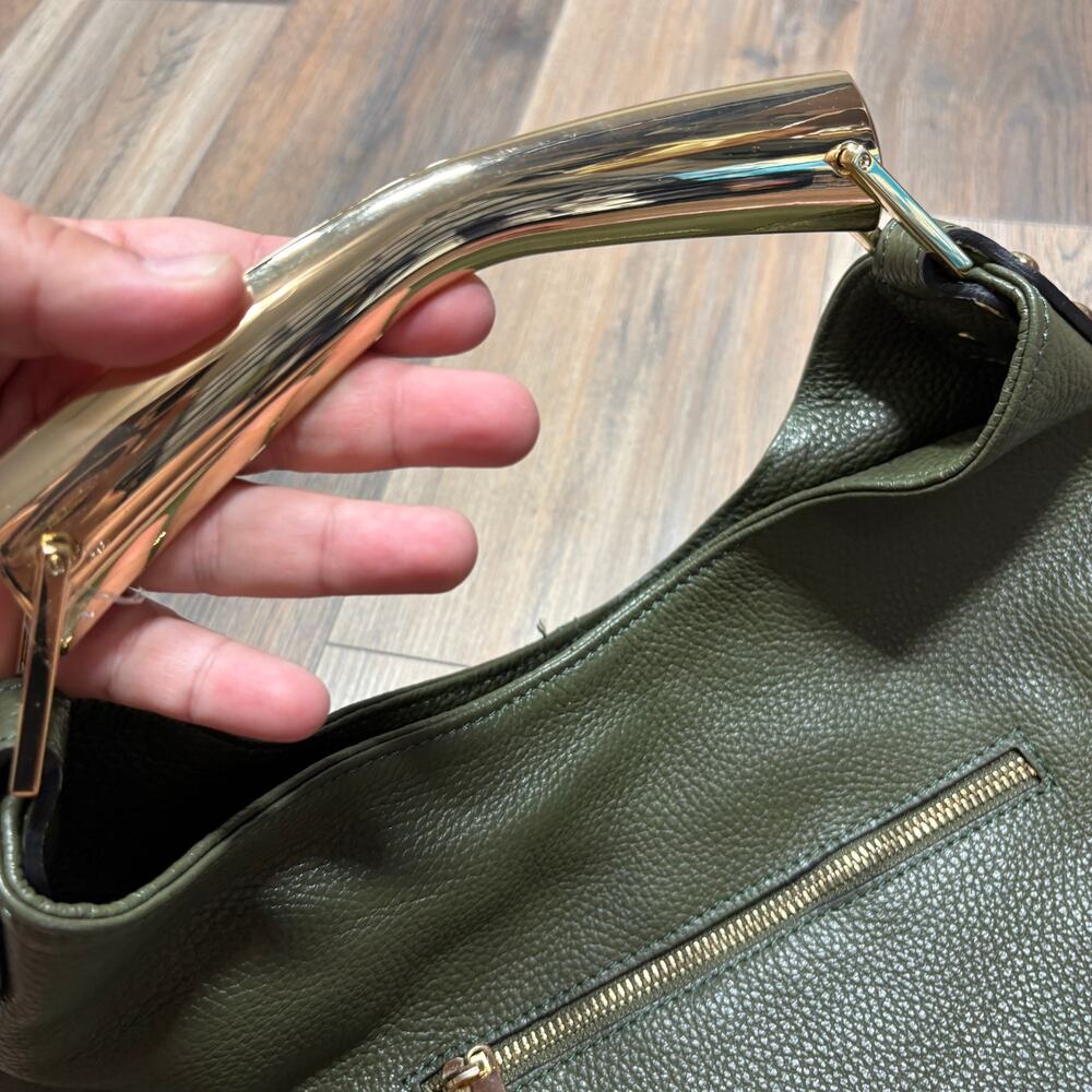 Vera Pelle Gold Top Handle Hobo Bag Army Green Genuine Leather Zip Pocket Italy - Picture 6 of 9